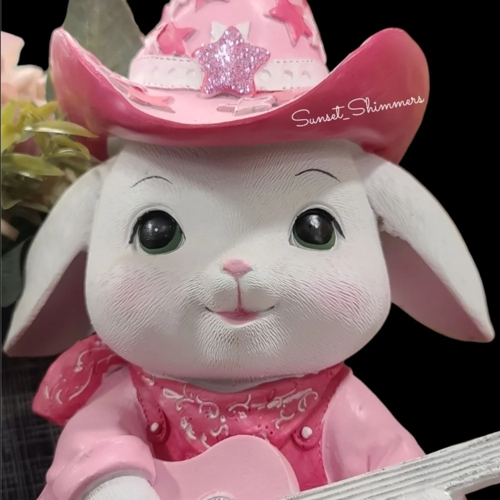 Bunny Girl Sparkly Pink Cowboy Hat Overalls Guitar Figure Decor